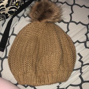 tan puff ball beanie